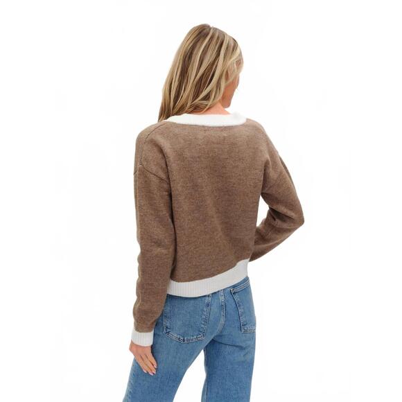 NEW SIX/FIFTY libby v neck sweater in brown/ white trim - Picture 2 of 4